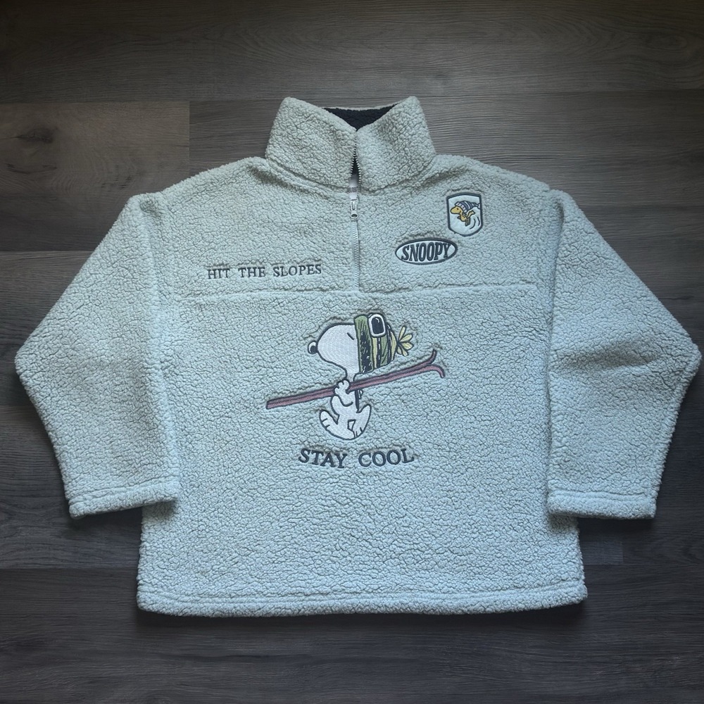 Peanuts Snoopy Sherpa Sweater Womens XL Hit The Slopes Stay Cool Fleece 1/4 Zip